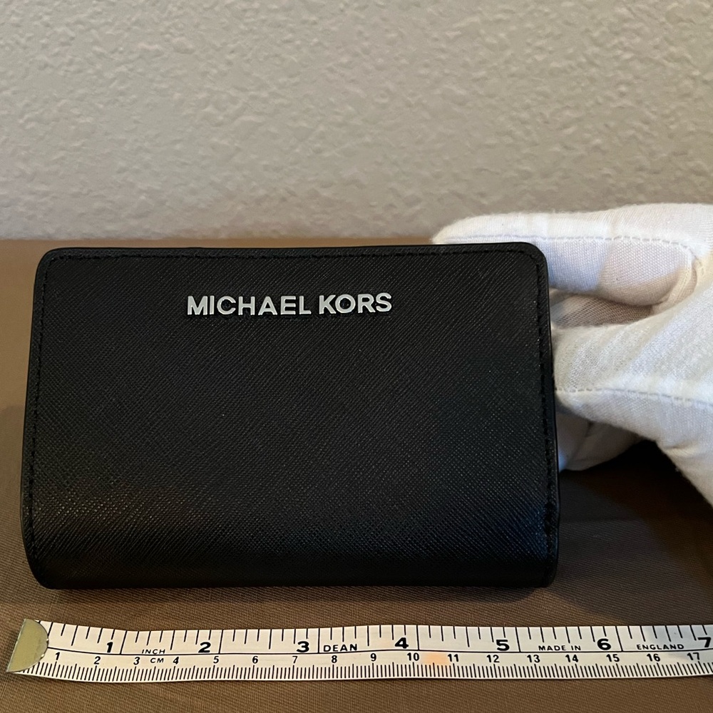 Michael Kors Black Saffiano Compact Wallet with Silver Logo